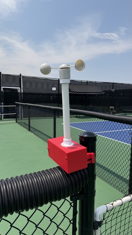 Battery-powered wind sensor mounted at the Hilltop courts